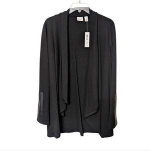 Weekends By Chico's Gwendolen Black Faux Leather Wrist Patch Draped Cardigan L